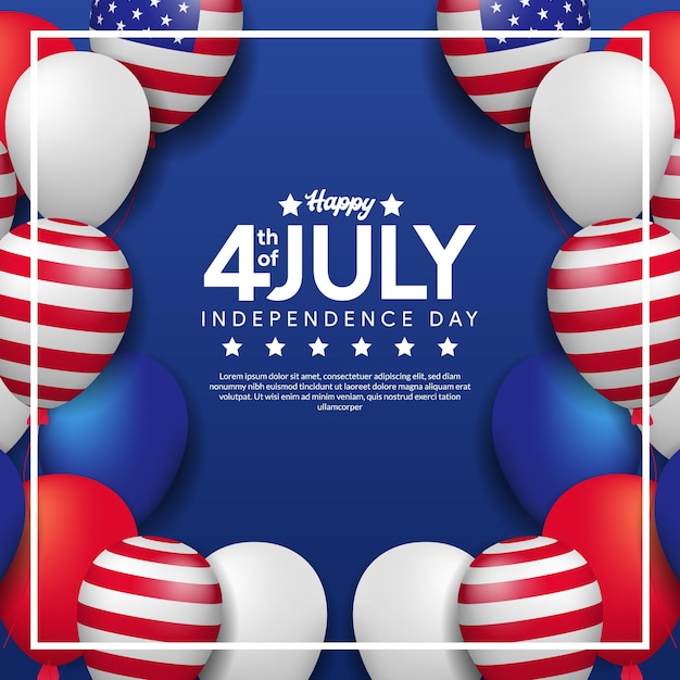 Greeting card of 4th july, independence day of usa with frame of colorful helium balloon and american flag Premium Vector