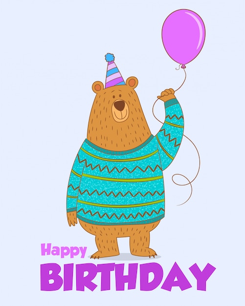 Greeting card, bear with balloon Vector | Premium Download