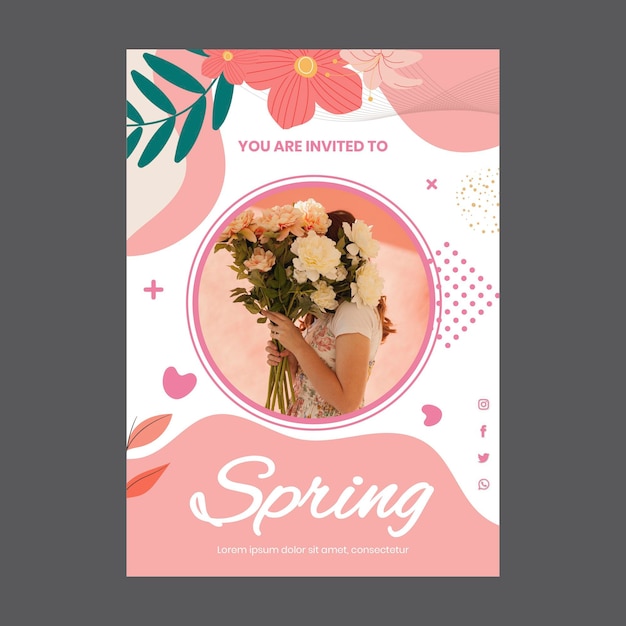 女性と花と春のパーティーのグリーティングカードテンプレート 無料のベクター