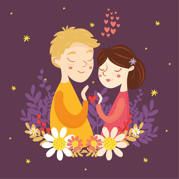 Free Vector Greeting Card For Valentine S Day Couple In Love Boy And Girl Heart Love