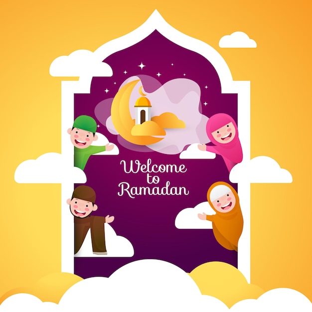 かわいい幸せなイスラム教徒のキャラクターとラマダンのイラストへようこそグリーティングカード プレミアムベクター
