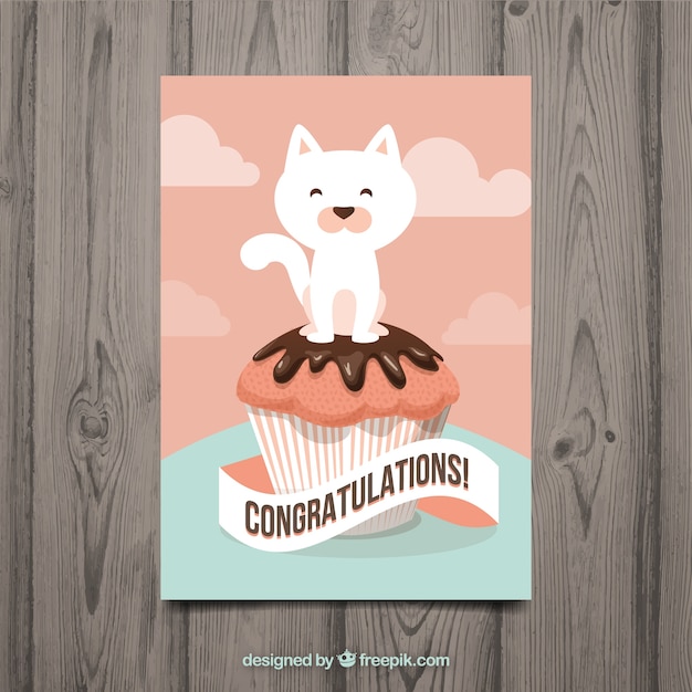 Download Greeting card with a cat and a cake | Free Vector
