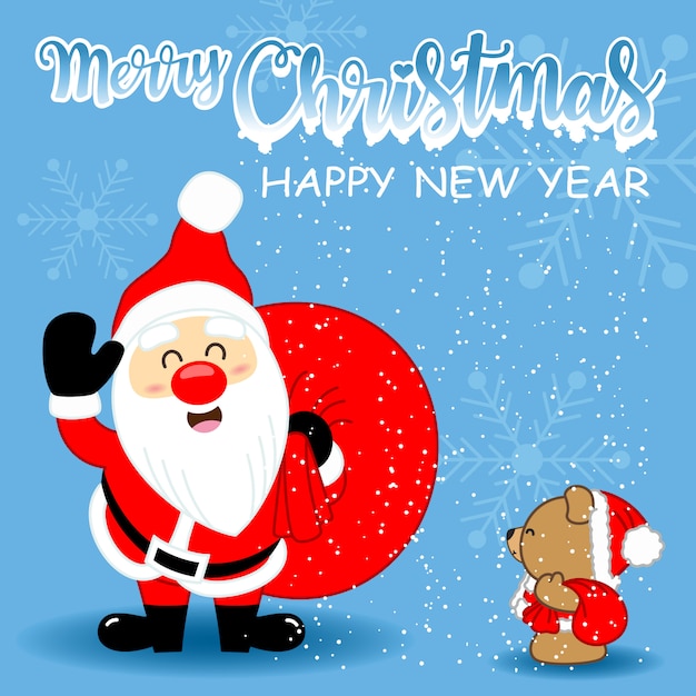 Premium Vector Greeting Card With Cute Santa Clause And Cute Brown Bear For Merry Christmas