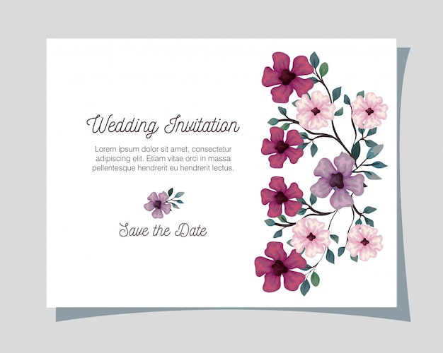 花のライラック ピンクと紫の色 枝と葉の装飾イラストデザインと花の結婚式の招待状のグリーティングカード プレミアムベクター