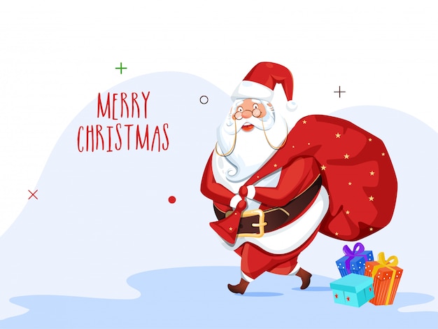 Download Premium Vector Greeting Card With Illustration Of Santa Claus Lifting A Heavy Bag And Gift Boxes For Merry Christmas Celebration Yellowimages Mockups