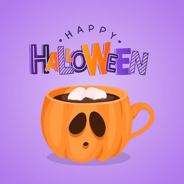 Premium Vector Greeting Card With Pumpkin Coffee Cup And Lettering Happy Halloween Illustration