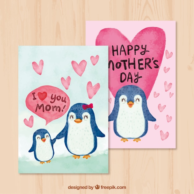 Greeting Cards With Cute Penguins For Mothers Day Vector Free Download