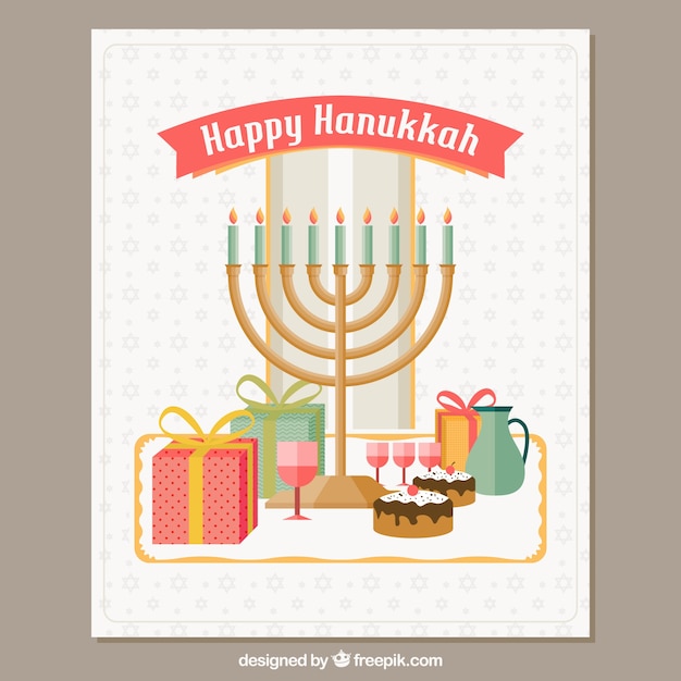 Greeting hanukkah card with candelabra and\
cakes in flat design