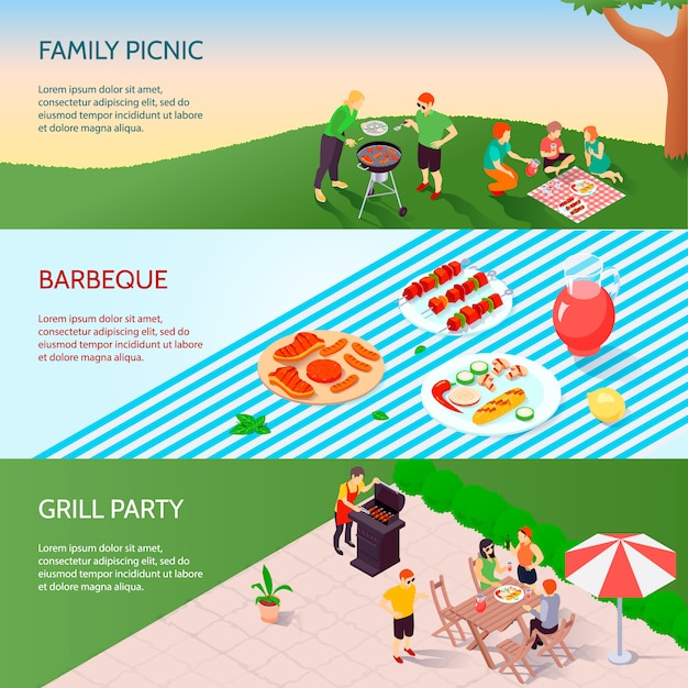 Free Vector Grill Party Isometric Banners Set