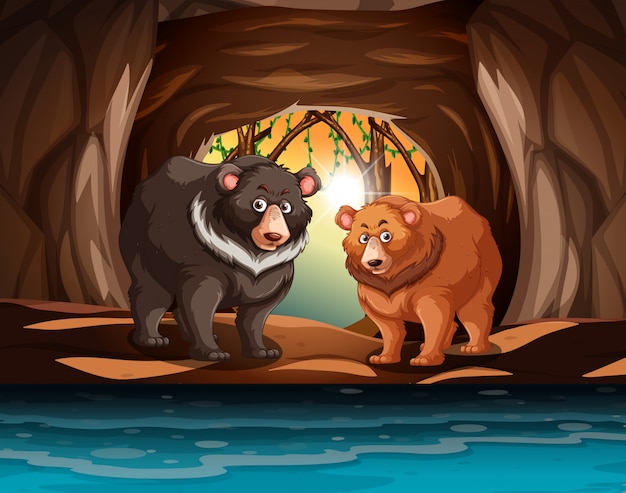 Premium Vector | Grizzly bears living in the cave