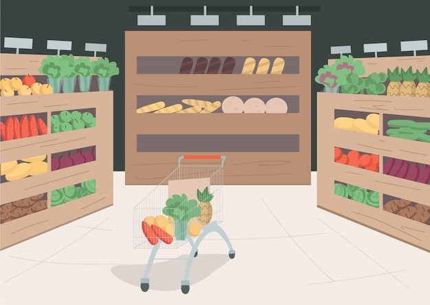 食料品店のカラーイラスト ショップの棚にあるさまざまな食品や商品 野菜や果物が入ったトロリーカート 背景に装飾が施されたスーパーマーケットの漫画のインテリア プレミアムベクター
