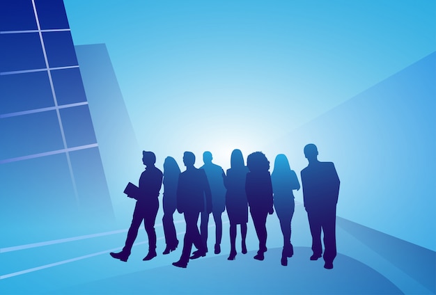 Group of business people silhouette businesspeople walk step forward over abstract background Premium Vector