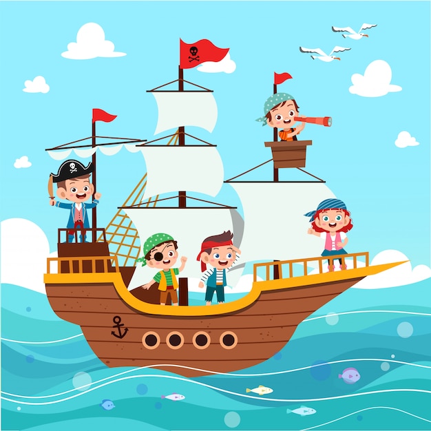 Group of cartoon pirates on a ship at the sea Vector | Premium Download