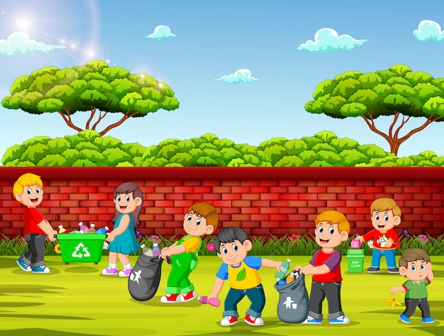 Premium Vector | A group of children cleaning garden