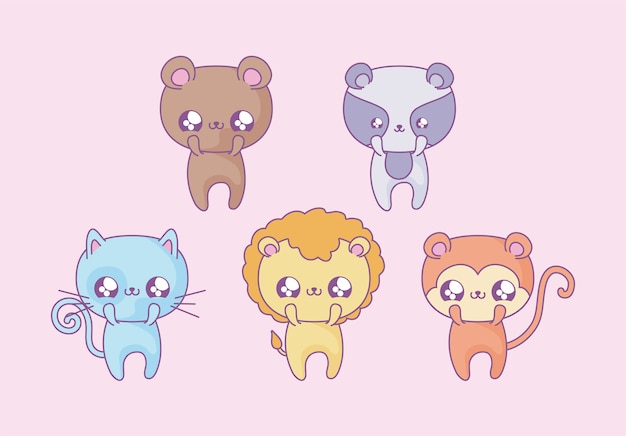 Premium Vector | Group of cute animals baby kawaii style