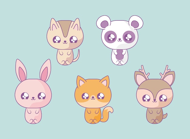 Premium Vector | Group of cute animals baby kawaii style