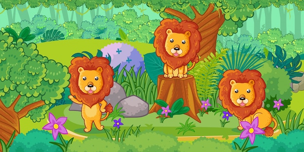 Premium Vector | A group of cute lions enjoying in the forest