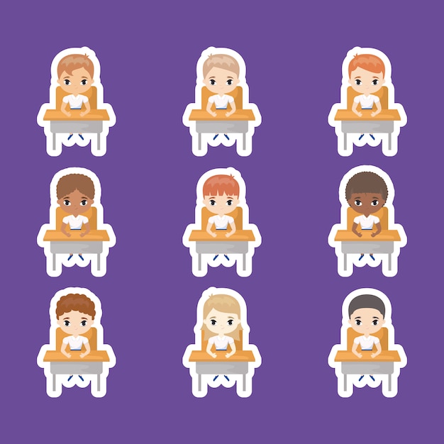 Group Of Cute Little Students Seated In School Desks Vector