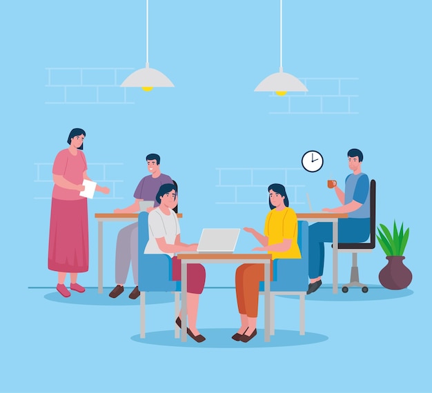 Premium Vector | Group of five workers coworking in the office characters