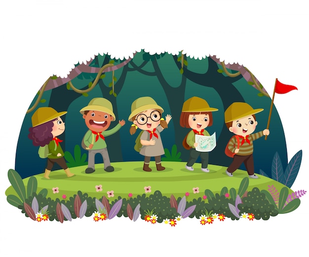 Premium Vector | Group of kid travelers with backpack hiking in the ...