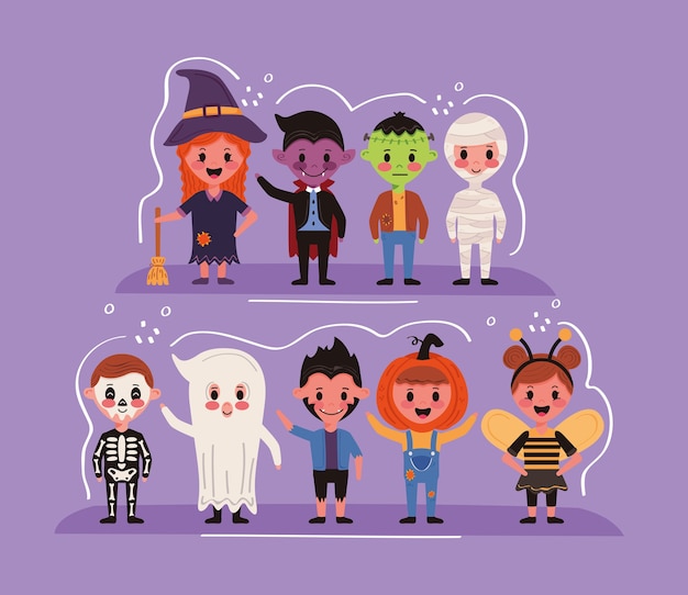 Premium Vector | Group of kids with halloween costumes characters