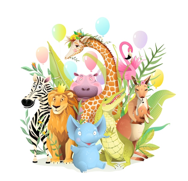 誕生日やその他のパーティーイベントを祝うアフリカのサファリ動物のグループ 子供のためのお祝いのグリーティングカード シマウマ象ライオンキリンカバ カンガルーワニと子供たちの3d漫画 プレミアムベクター
