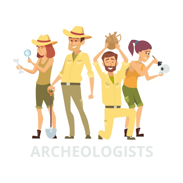 白い背景の上の考古学者のグループ 考古学者のキャラクターのイラスト プレミアムベクター