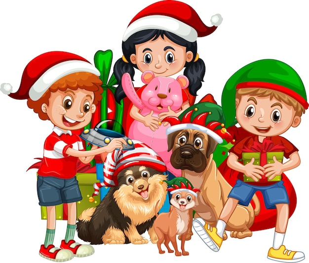 彼らの犬と子供たちのグループは 白い背景の上のクリスマスの衣装の漫画のキャラクターを着ています 無料のベクター