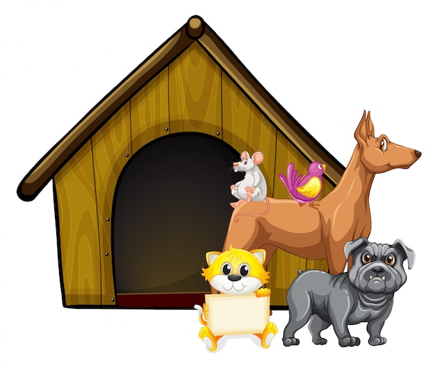 犬小屋の漫画のキャラクターのかわいい動物のグループ 無料のベクター