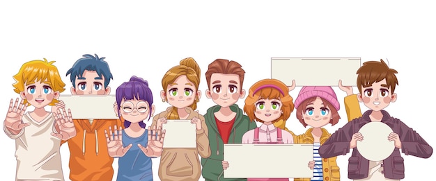 抗議バナーのイラストと8人のかわいい若者のティーンエイジャーのマンガアニメキャラクターのグループ プレミアムベクター