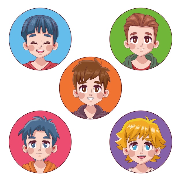 5人のかわいい若い男の子のグループティーンエイジャーマンガアニメキャラクターイラスト プレミアムベクター
