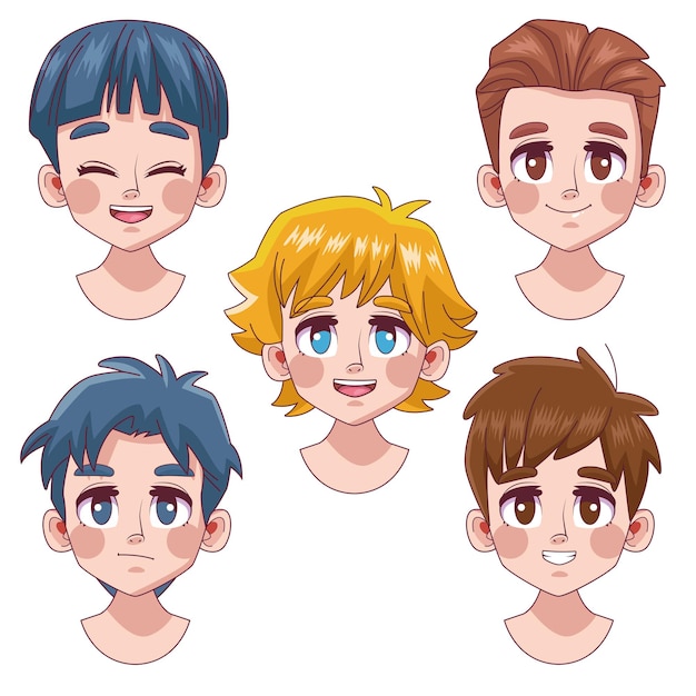 5人のかわいい若い男の子のグループティーンエイジャーマンガアニメ頭キャラクターイラスト プレミアムベクター