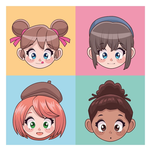 4人の美しい異人種間のティーンエイジャーの女の子のアニメの頭のキャラクターのイラストのグループ プレミアムベクター