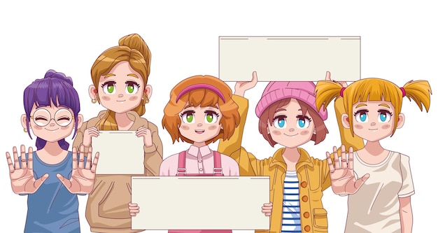 4人のかわいい女の子のグループマンガアニメイラスト プレミアムベクター