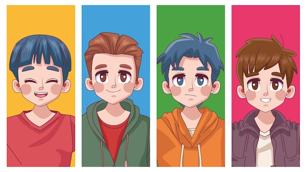 4人のかわいい若い男の子のグループティーンエイジャーマンガアニメキャラクターイラスト プレミアムベクター
