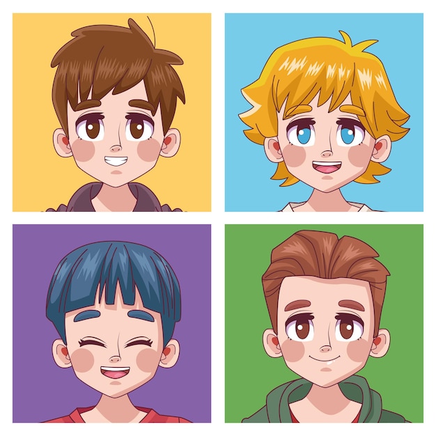4人のかわいい若い男の子のグループティーンエイジャーマンガアニメ頭キャラクターイラスト プレミアムベクター