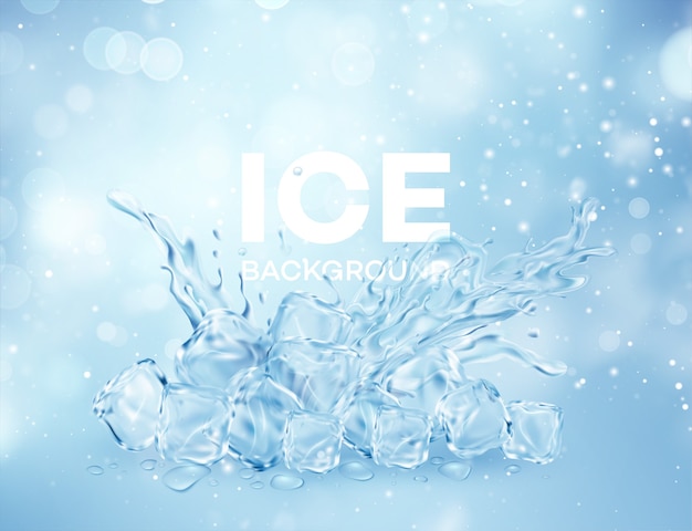 分離された水冠スプラッシュの氷の透明な透明な立方体のグループ プレミアムベクター