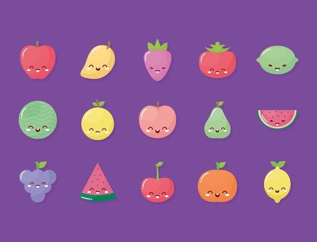 紫色のイラストデザインに笑顔でかわいい果物のグループ プレミアムベクター