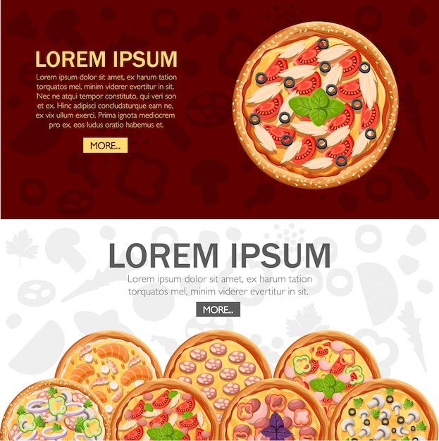 ピザのグループ フラットスタイルのデザイン ピッツェリア カフェ レストランのメニューのコンセプトです ウェブサイトのデザインと広告 テクスチャ背景の イラスト プレミアムベクター