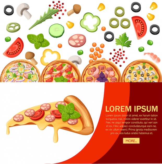 プレミアムベクター 食材とピザ のグループ フラットスタイルのデザイン ピッツェリア カフェ レストランのメニューのコンセプトです ウェブサイトのデザインと広告 テクスチャ背景の イラスト