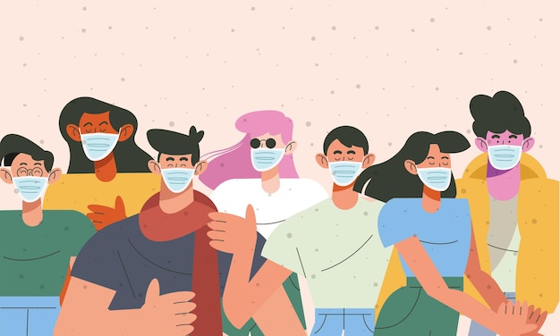 医療マスクのキャラクターイラストを身に着けている7人の若者のグループ プレミアムベクター