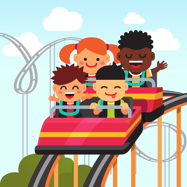 Group of smiling kids riding roller coaster Vector | Free Download