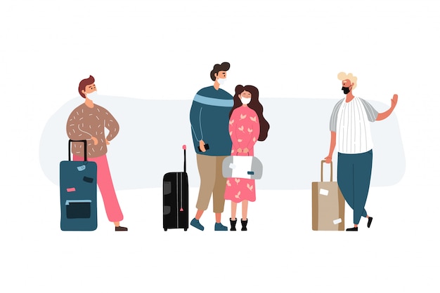 医療マスクを持つ旅行者のグループ ウイルスからの保護を身に着けている男性と女性 バックパックやバッグ スーツケースを持って旅行 する若い観光客 フラットスタイルのイラスト プレミアムベクター