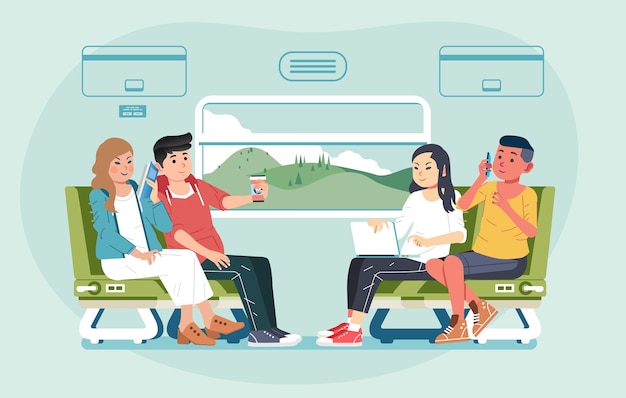 電車で旅行する若い男性と女性のグループが向かい合って座って イラストをチャットします バナー ウェブサイト画像などに使用 プレミアムベクター