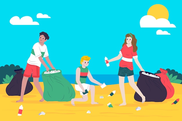 Free Vector | Group of people cleaning the beach
