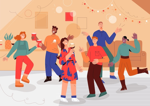 Premium Vector | Group of people having fun at home party.