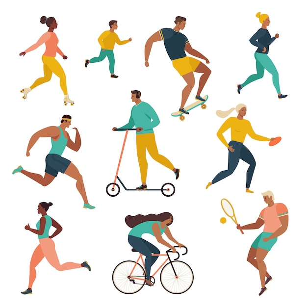 Premium Vector | Group of people performing sports activities at park.