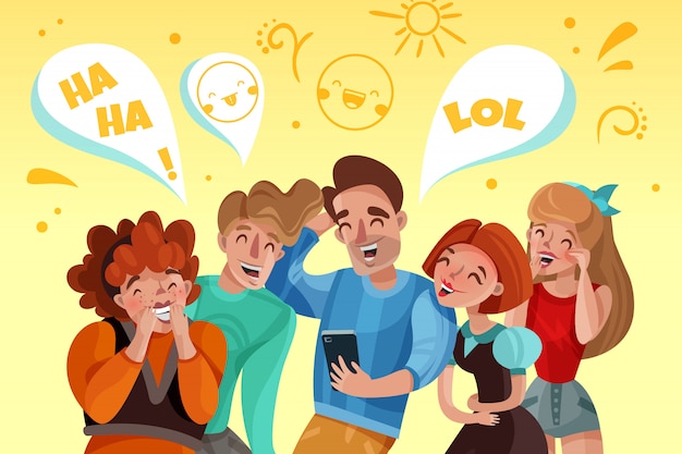 Group of people watching funny video and laughing cartoon Free Vector