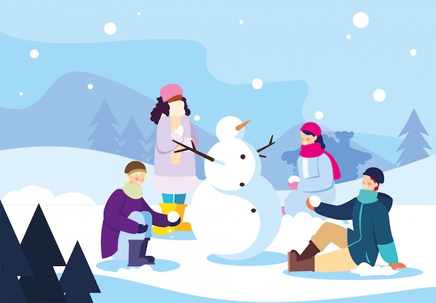 Premium Vector | Group of people with snowman in winter landscape