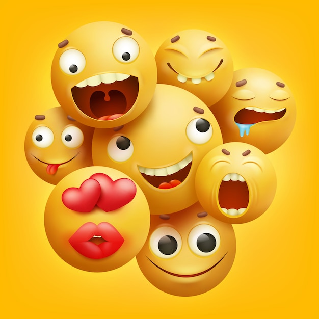 Group of yellow smiley cartoon emoji characters in 3d Premium Vector